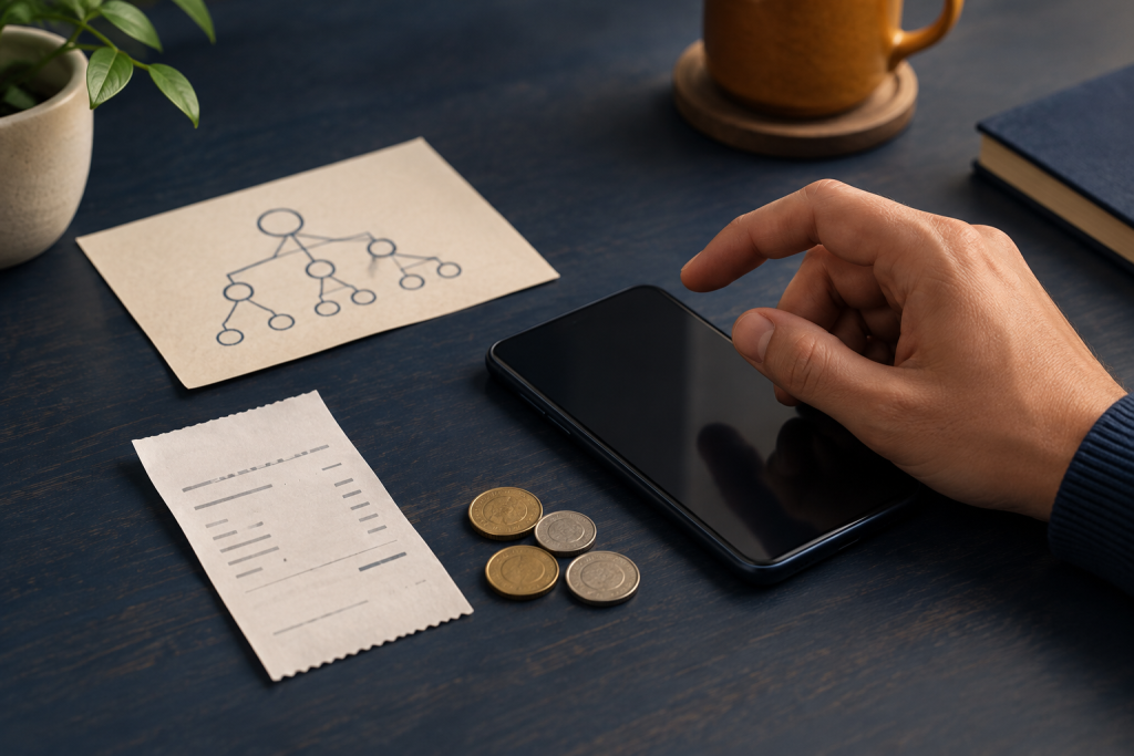 Editorial still life of a hand pausing above a plain money-transfer receipt beside a small branching board diagram, suggesting careful scrutiny of a gifting scheme’s promised payouts.