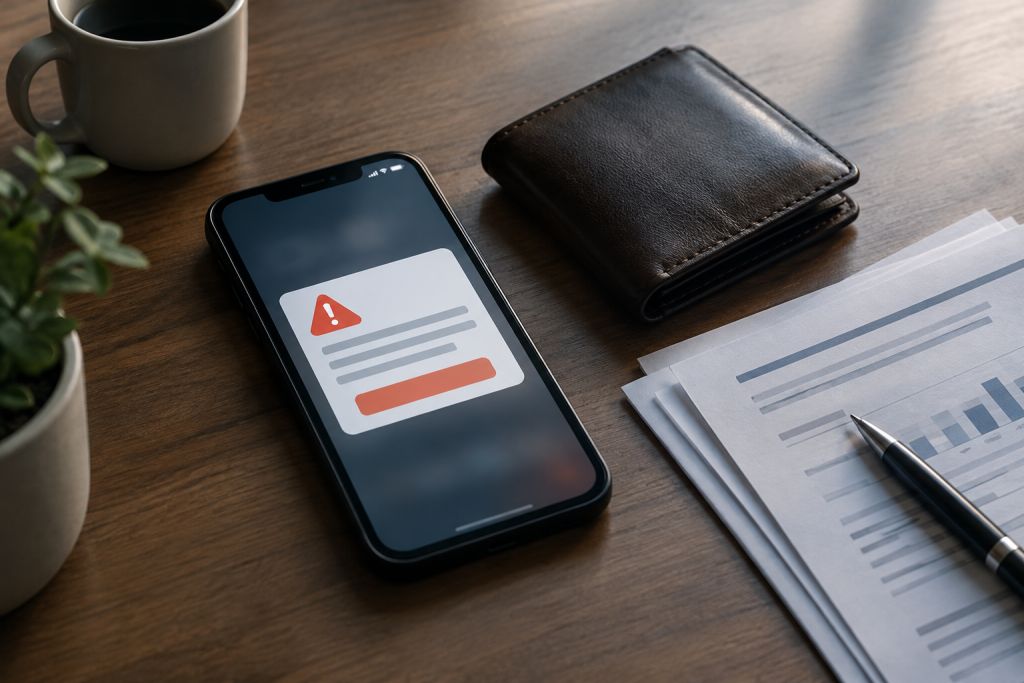 An editorial still life shows a phone with a generic withdrawal notification beside a closed wallet and neatly arranged transaction records, suggesting caution and independent verification.