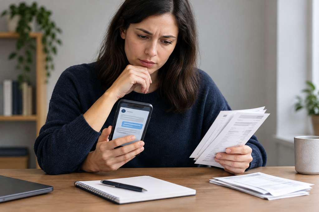An editorial scene of a person reviewing a withdrawal message and payment records at a desk, with a phone and notebook in focus and no visible company branding.