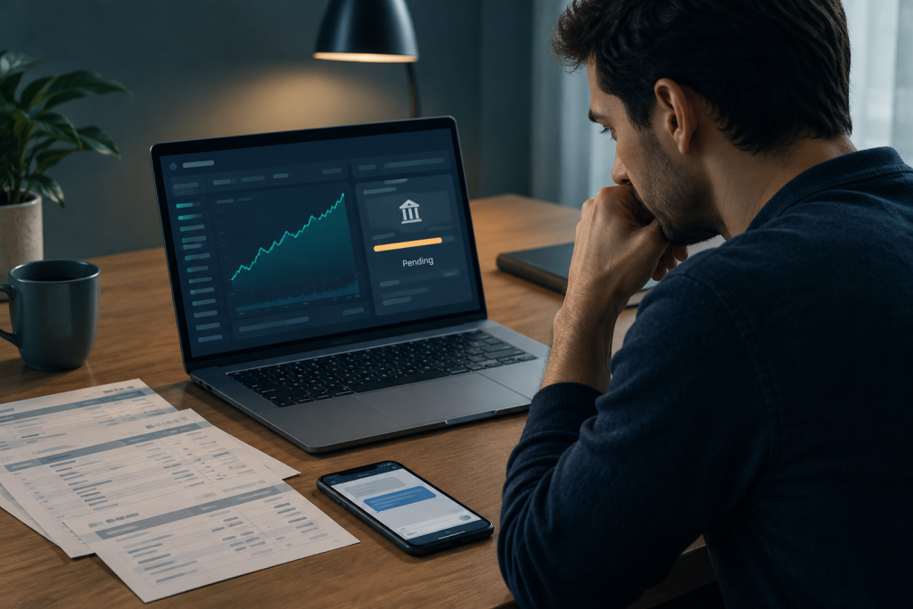 A person reviews a trading account screen beside printed transaction records, pausing before responding to a withdrawal demand.