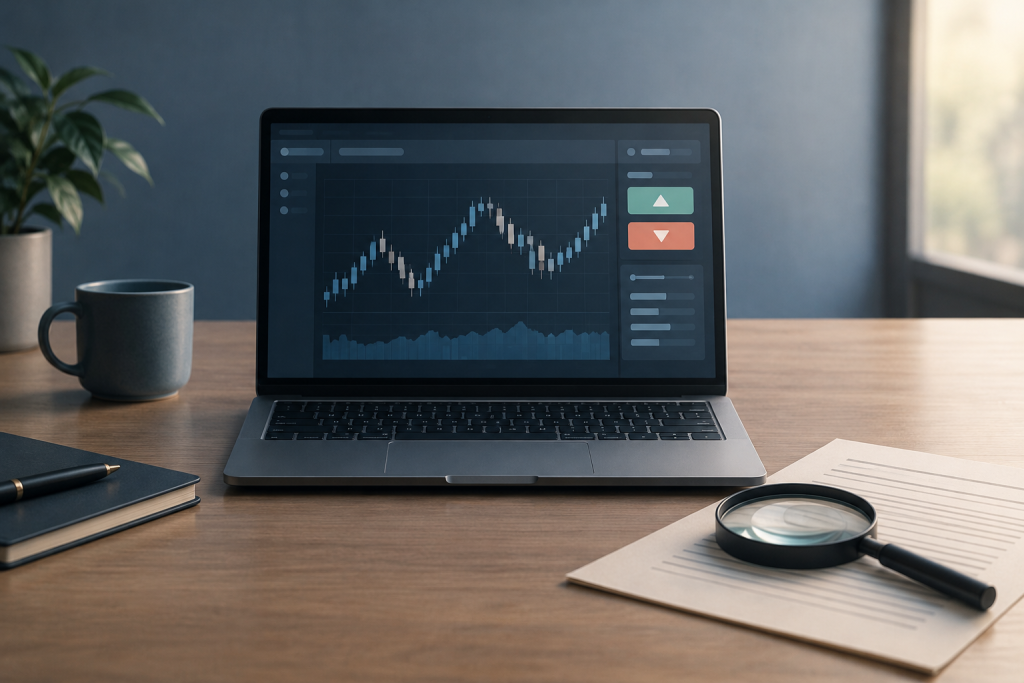 An editorial still life of a laptop displaying an abstract binary-options interface, with a magnifying glass and paper contract nearby, in a restrained, cautious palette.