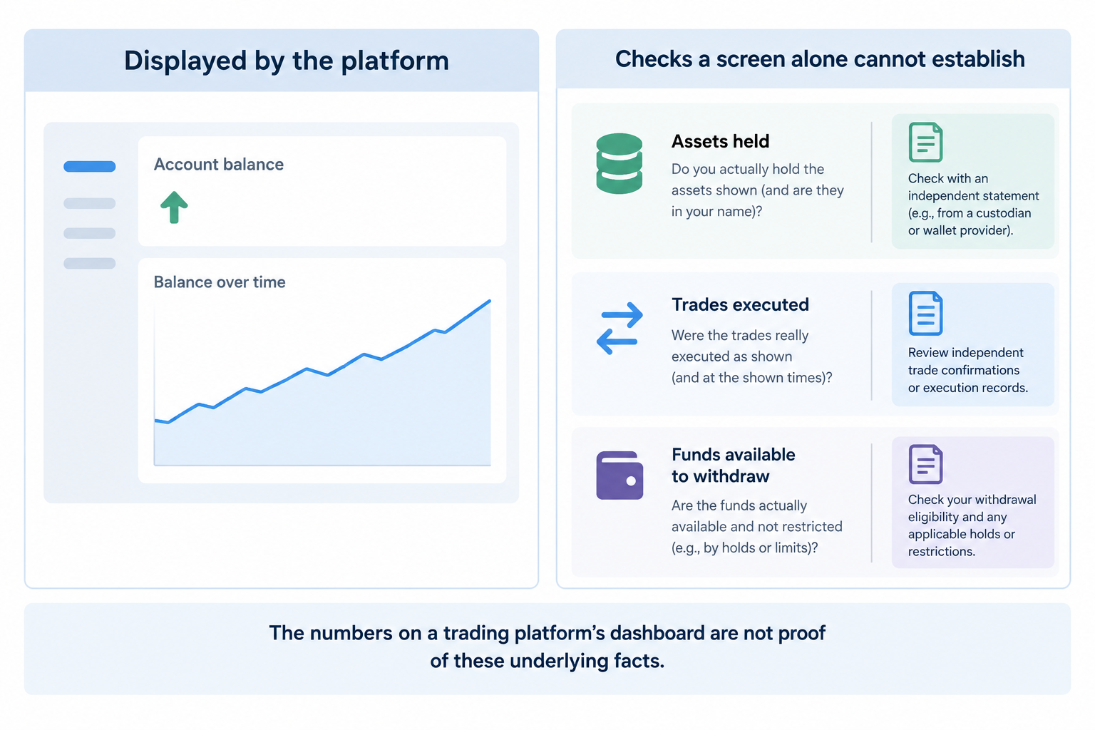 A trading dashboard displays a rising balance, while a separate comparison distinguishes what the screen shows from evidence of actual custody, execution and available funds.