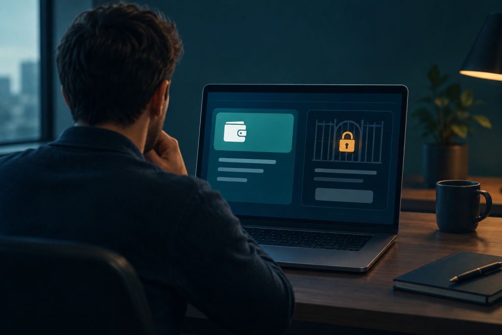 An editorial illustration of a trader viewing a glowing account screen with a promotional credit beside a closed withdrawal gate, suggesting the tension between displayed balance and access to funds.