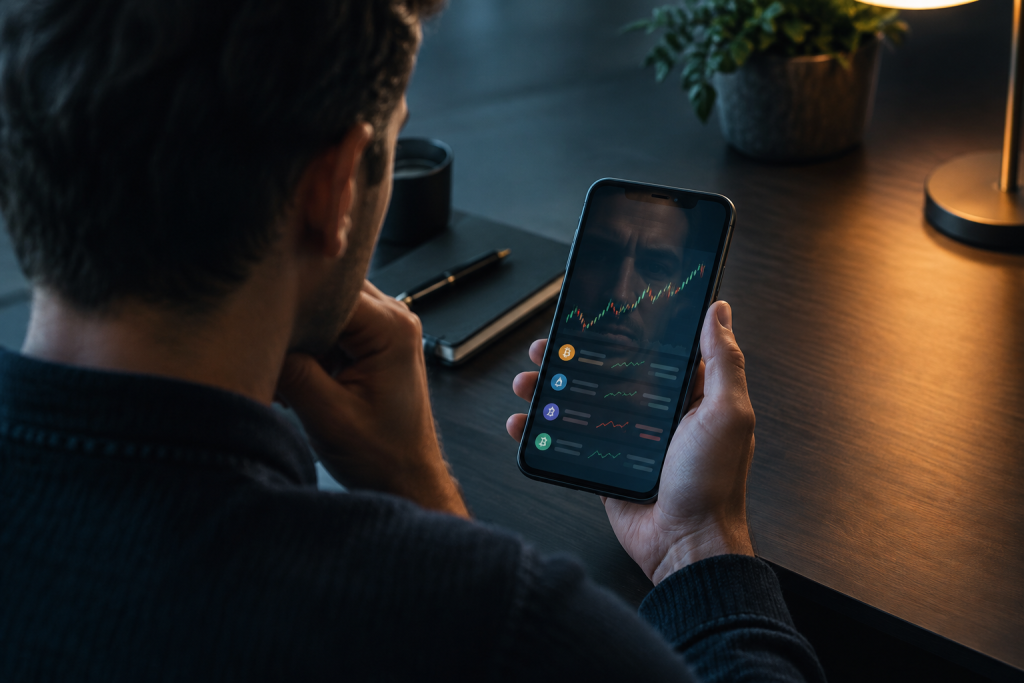 An editorial conceptual image of a person examining a suspicious recovery offer on a phone, with a glowing wallet interface reflected in glass and a subtle warning cue; no readable text or logos.
