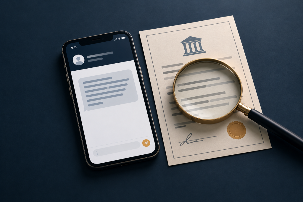 An editorial still life shows a phone displaying a generic broker message beside a paper registration record, with a magnifying glass emphasizing that the contact details—not just the number—need checking.