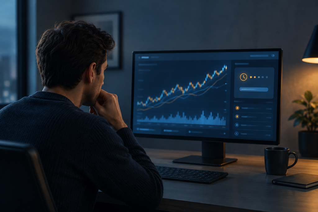 A person studies a glowing trading dashboard with rising figures while a withdrawal request remains visibly unresolved, suggesting the uncertainty behind guaranteed-return claims.