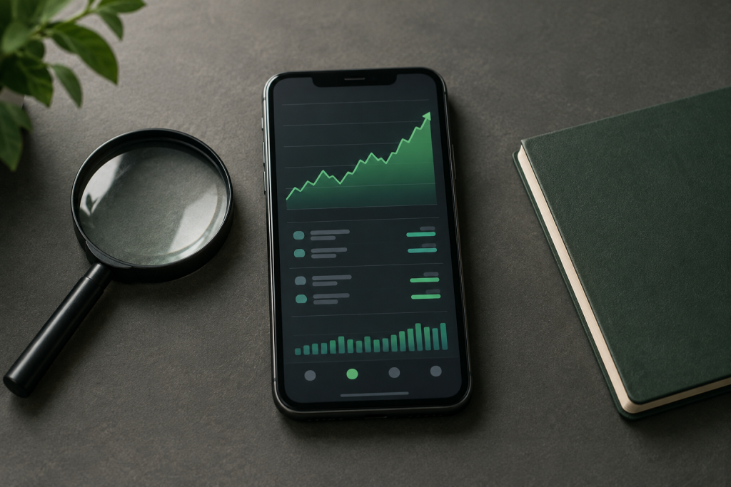 A phone showing a trading-profit screenshot rests beside a magnifying glass and a closed notebook, suggesting careful verification rather than trust in a promotional image.